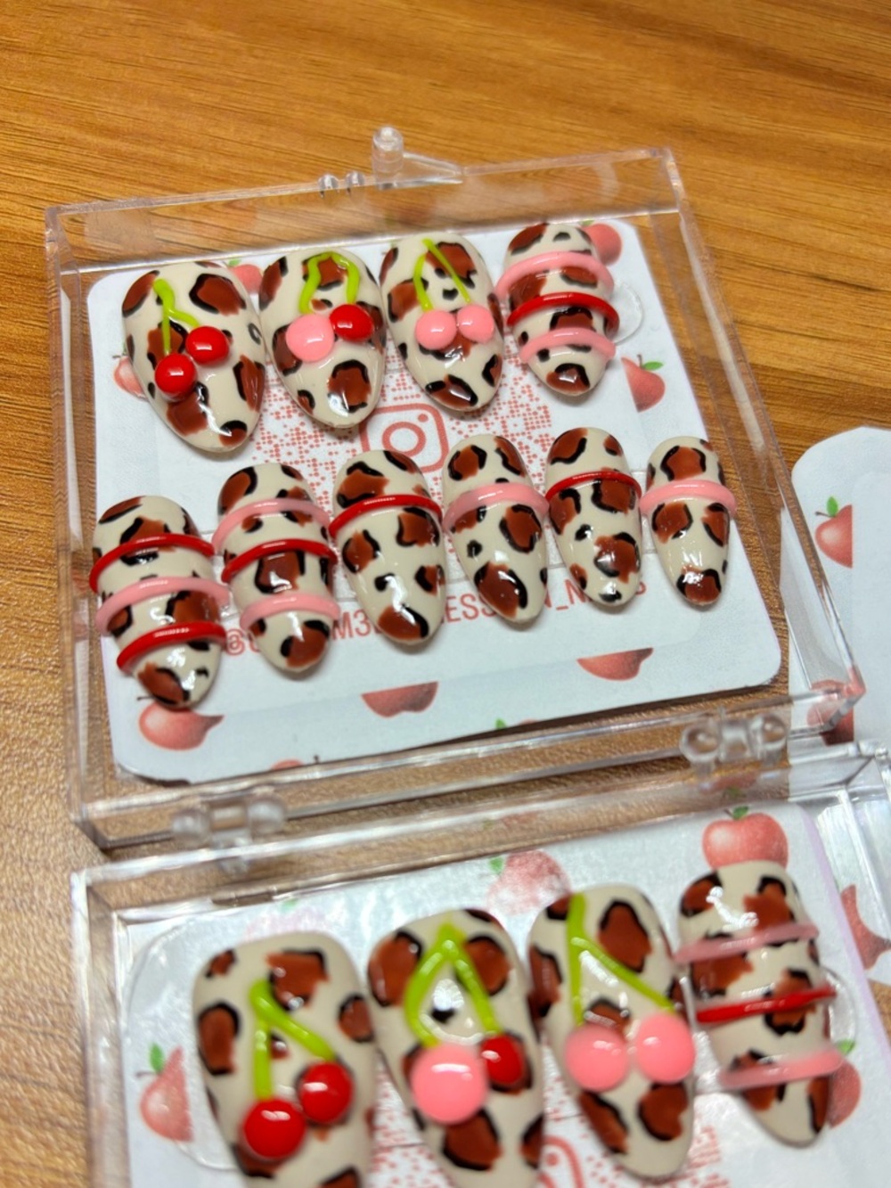 Wild Cherries Leopard Medium Almond Press On Nails Bangle Nail Art